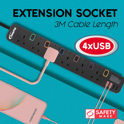 Extension Cord, Extension Socket, Power Cord 3 Metre 6 way with 4x USB Charger (PP9116UBK)