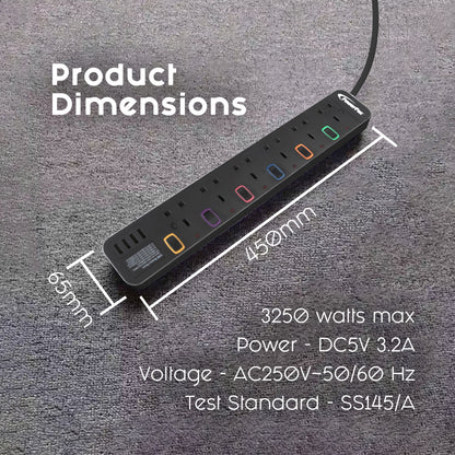 Power Extension Socket Extension Cord 6way 3 meter with 4x USB Charger (PP9116UBK)