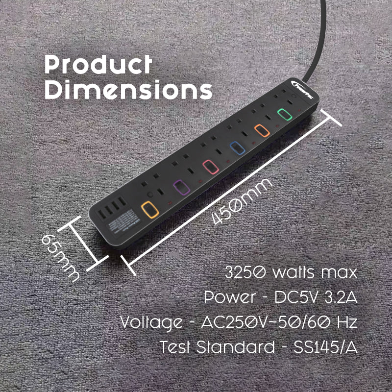 Power Extension Socket Extension Cord 6way 3 meter with 4x USB Charger ...