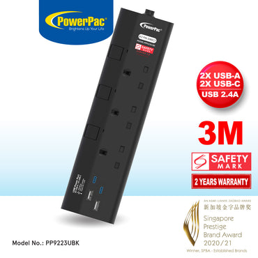 Extension Socket Extension Cord, Power Cord 3way 3 meter with 2xUSB-A & 2xUSB-C Charger (PP9223UBK)