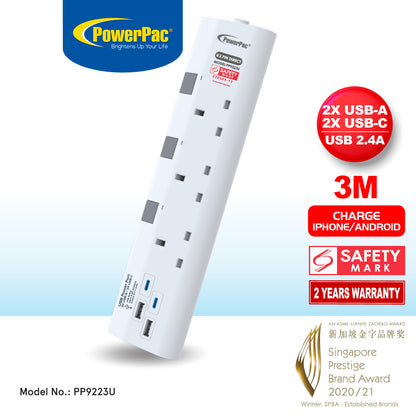 Extension Socket Extension Cord, Power Cord 3way 3 meter with 2xUSB-A & 2xUSB-C Charger (PP9223U)
