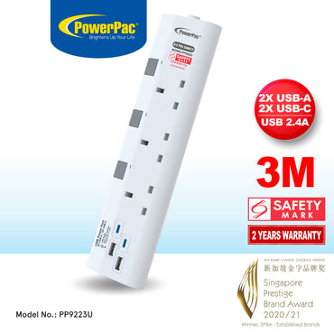 Extension Socket Extension Cord, Power Cord 3way 3 meter with 2xUSB-A & 2xUSB-C Charger (PP9223U)