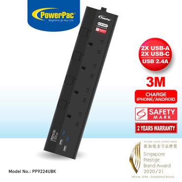 Extension Socket Extension Cord, Power Cord 4way  meter with 2xUSB-A & 2xUSB-C Charger (PP9224UBK)