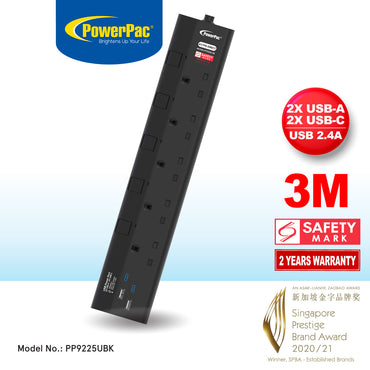 Extension Socket Extension Cord, Power Cord 5way  meter with 2xUSB-A & 2xUSB-C Charger (PP9225UBK)