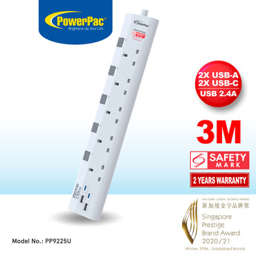 Extension Socket Extension Cord, Power Cord 5way  meter with 2xUSB-A & 2xUSB-C Charger (PP9225U)