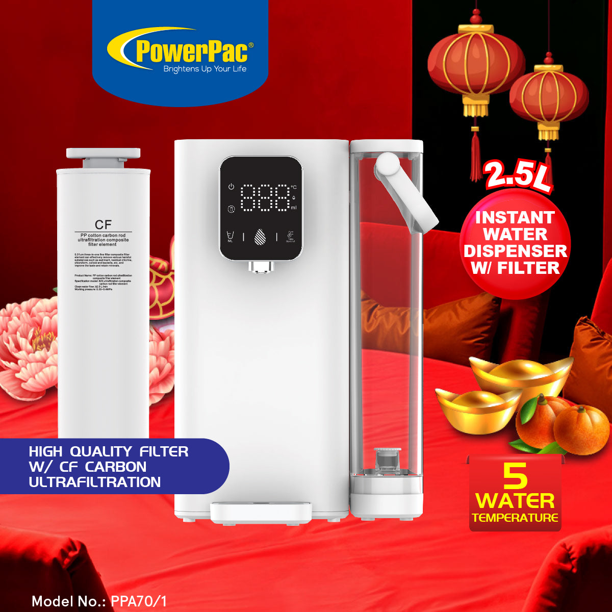 2.5L Instant Water Dispenser Hot & Room Temperature, 5 Temperature, Water Filters (PPA70/1)