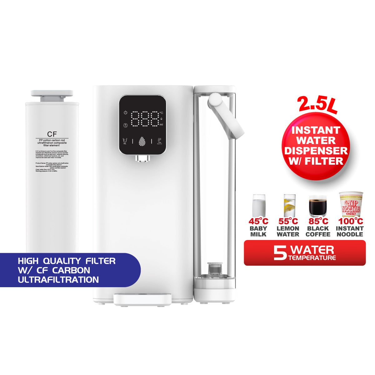 2.5L Instant Water Dispenser Hot & Room Temperature, 5 Temperature, Water Filters (PPA70/1)