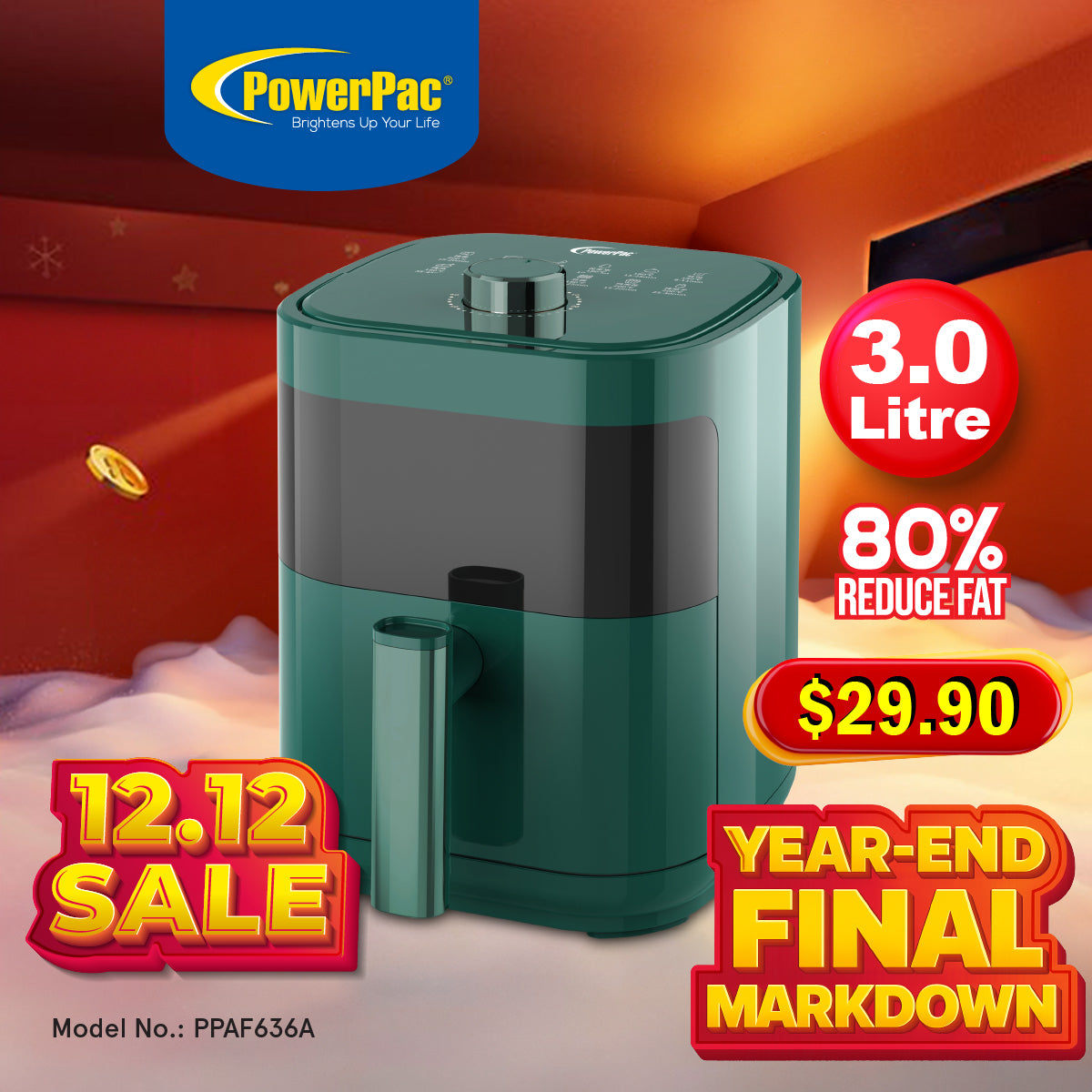 Air Fryer 3.0L with Large Window, Mini Air Fryer, Air Fryer for Reheating (PPAF636A)