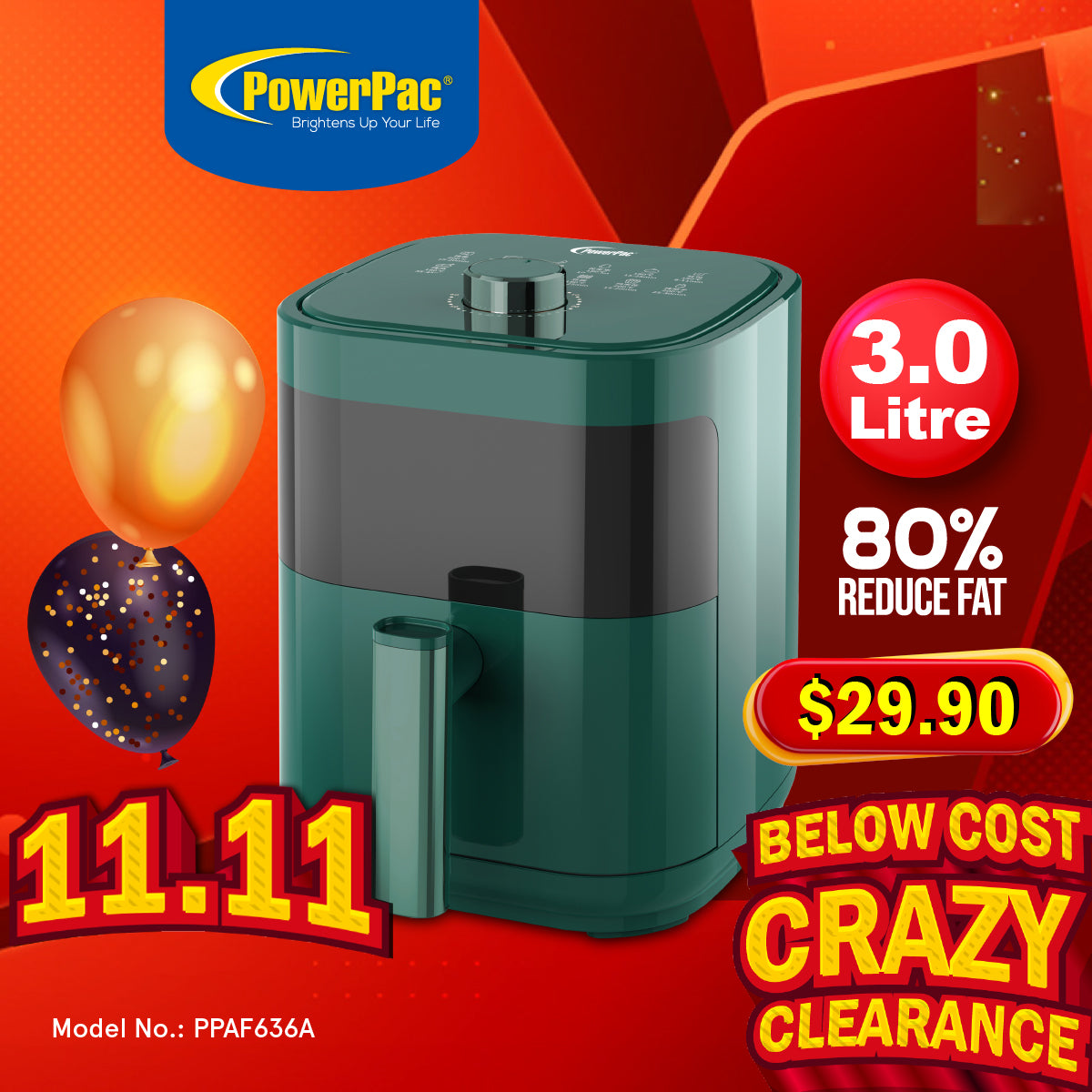 Air Fryer 3.0L with Large Window, Mini Air Fryer, Air Fryer for Reheating (PPAF636A)