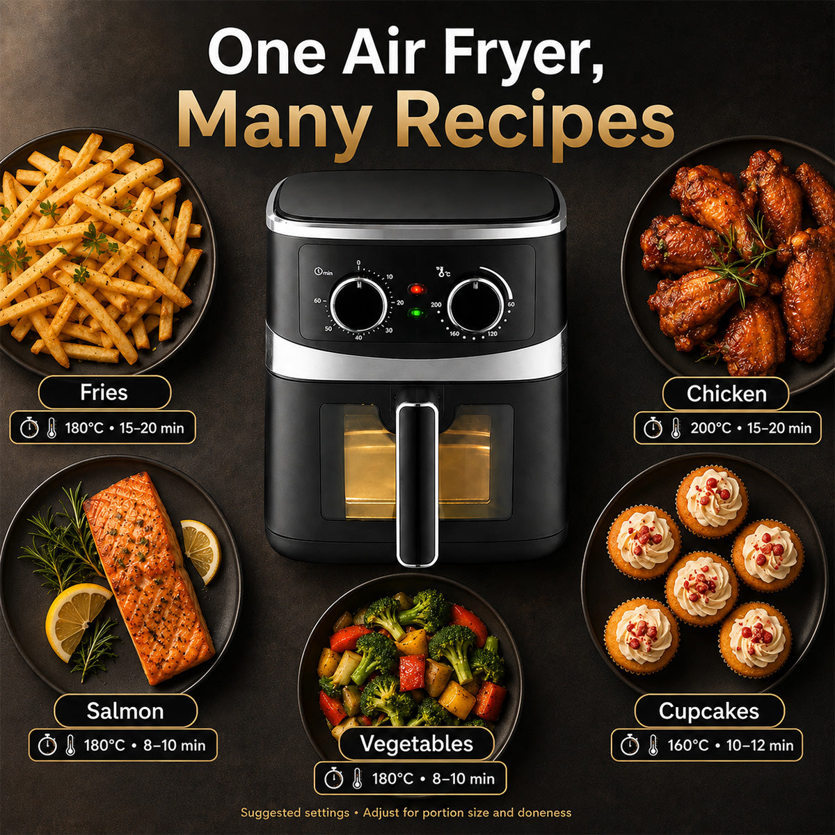 PowerPac Air Fryer 5.0L, Hot Air Flow, Heating Indicator Lights | Monitoring (PPAF656A)
