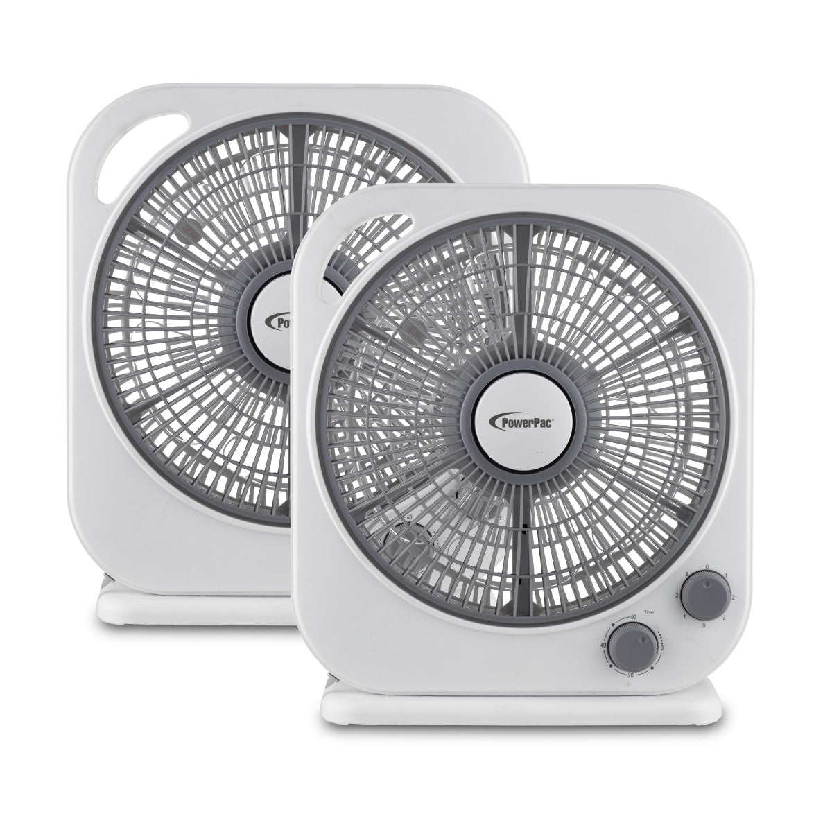 PowerPac 10" Electric Box Fan – 5 blades, Adjustable Louver, Oscillation, Timer, Safe & Energy-efficient, 3-Speed, white & grey, PPBF20