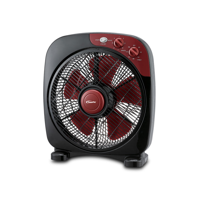 PowerPac 12" Box Fan – 5 blades, Adjustable Louver, Oscillation, Timer, Safe & Energy-efficient, 3-Speed, black & red, PPBF30