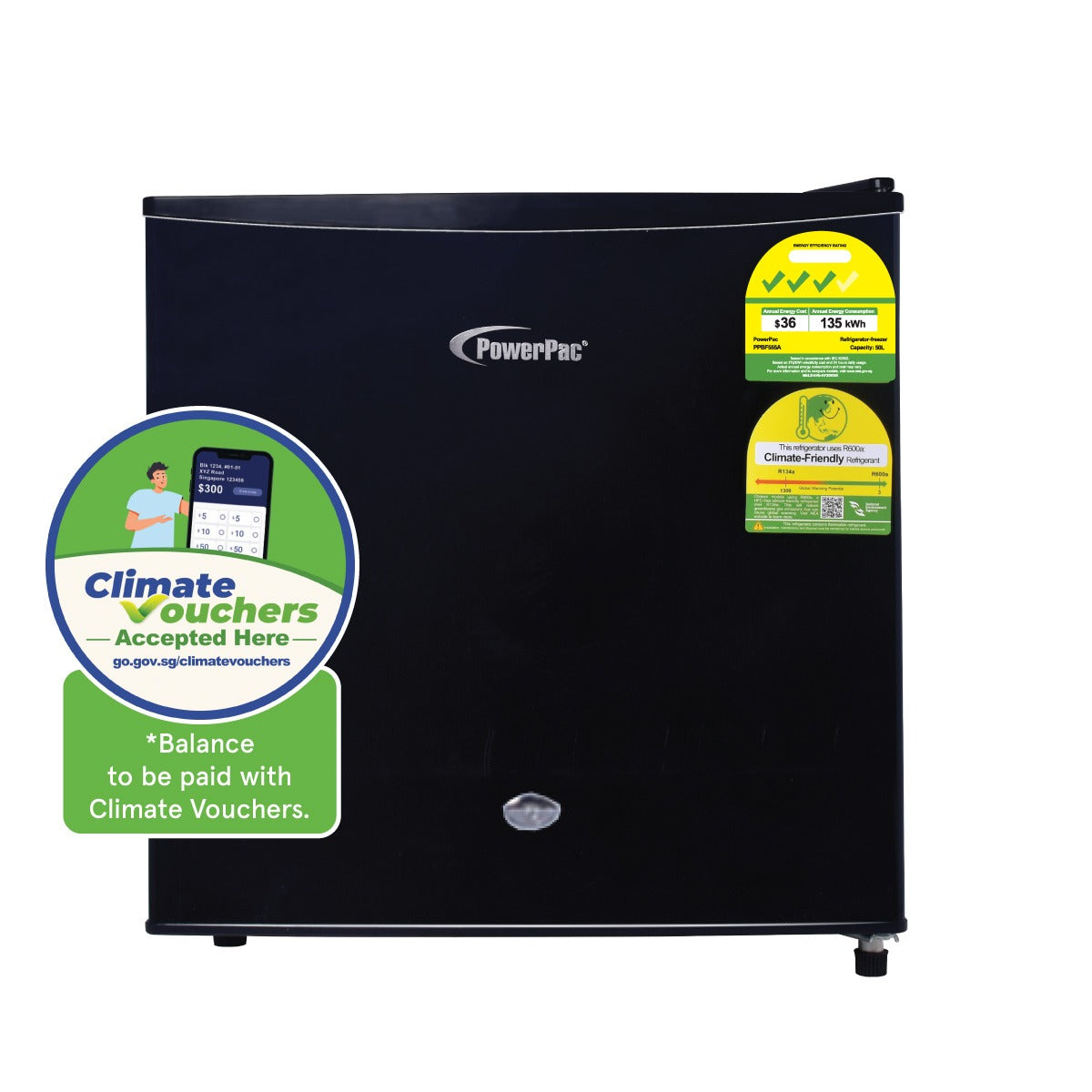[CLIMATE VOUCHER $400] 50L Bar Fridge with Lock, sizable, shelves, anti-bac Carbon Filter, optimal door seal, built-in Freezer, black, PPBF555BK