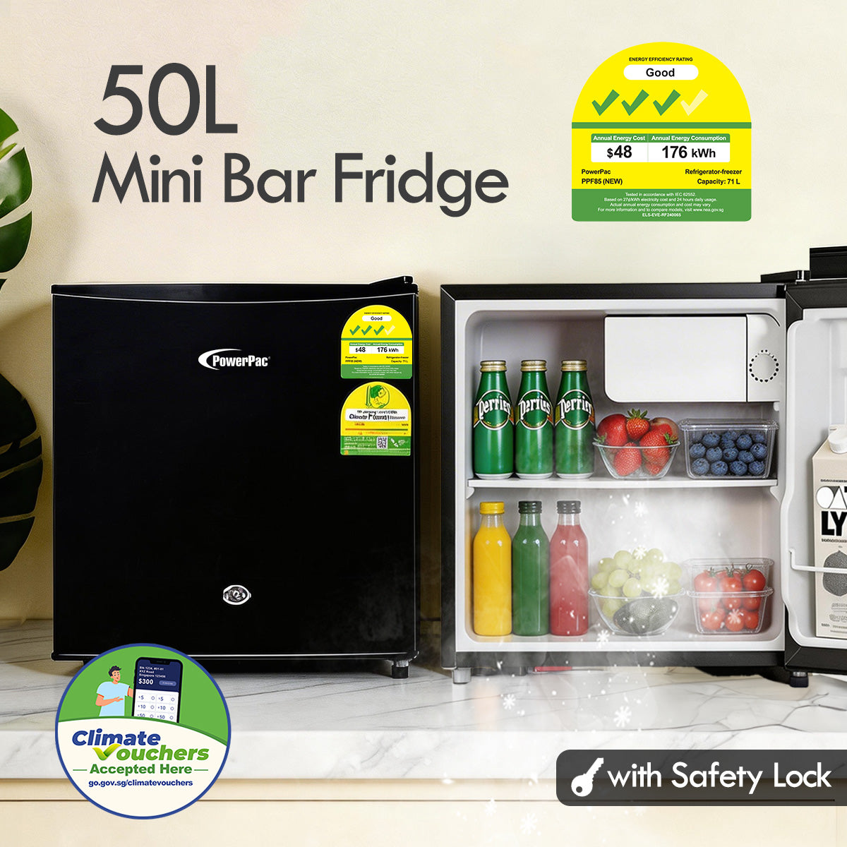 [NEA CLIMATE VOUCHER $400] 50L Bar Fridge with Lock, sizable, shelves, anti-bac Carbon Filter, optimal door seal, built-in Freezer, black, PPBF555BK