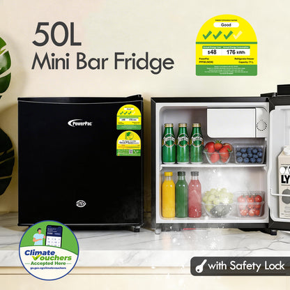 [NEA CLIMATE VOUCHER $400] 50L Bar Fridge with Lock, sizable, shelves, anti-bac Carbon Filter, optimal door seal, built-in Freezer, black, PPBF555BK