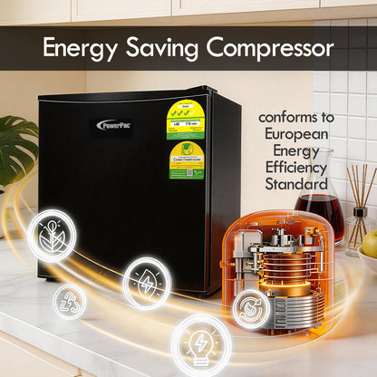 [NEA CLIMATE VOUCHER $400] 50L Bar Fridge with Lock, sizable, shelves, anti-bac Carbon Filter, optimal door seal, built-in Freezer, black, PPBF555BK