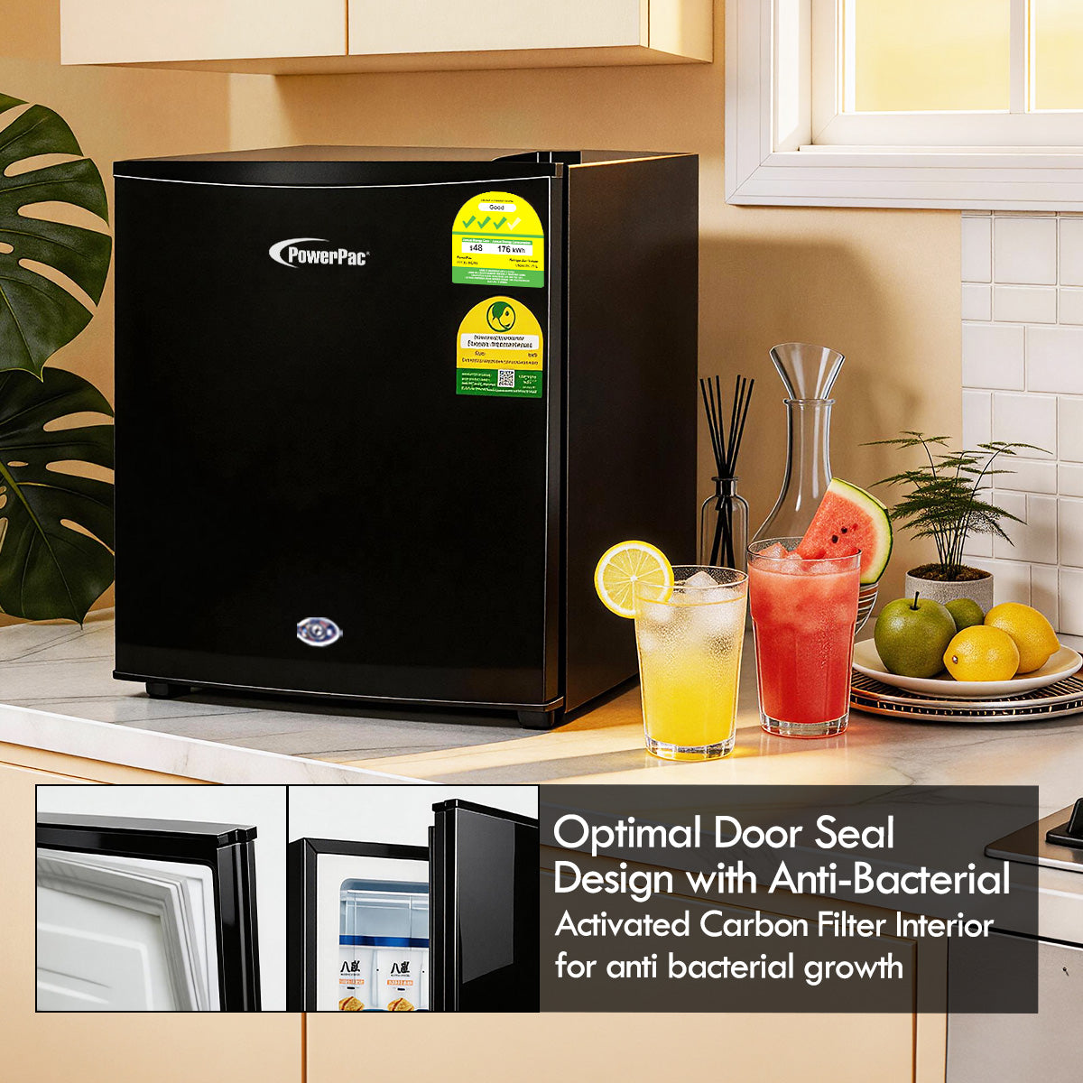 [NEA CLIMATE VOUCHER $400] 50L Bar Fridge with Lock, sizable, shelves, anti-bac Carbon Filter, optimal door seal, built-in Freezer, black, PPBF555BK