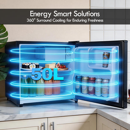 [NEA CLIMATE VOUCHER $400] 50L Bar Fridge with Lock, sizable, shelves, anti-bac Carbon Filter, optimal door seal, built-in Freezer, black, PPBF555BK