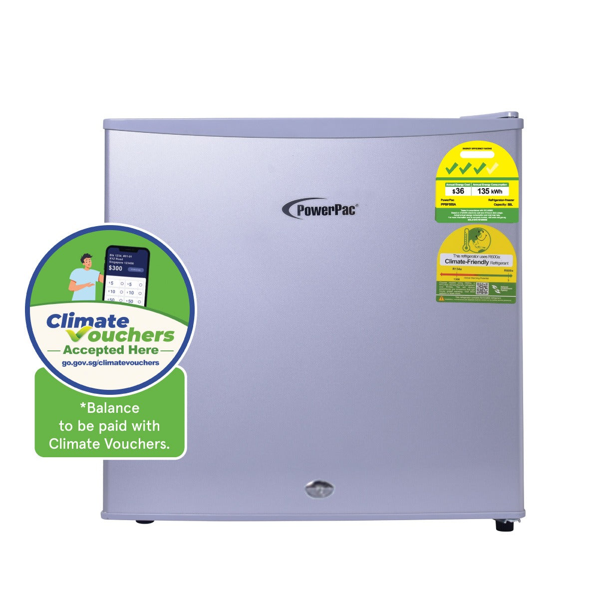 [CLIMATE VOUCHER $400] 50L Bar Fridge with Lock, sizable, shelves, anti-bac Carbon Filter, optimal door seal, built-in Freezer, silver, PPBF555SV
