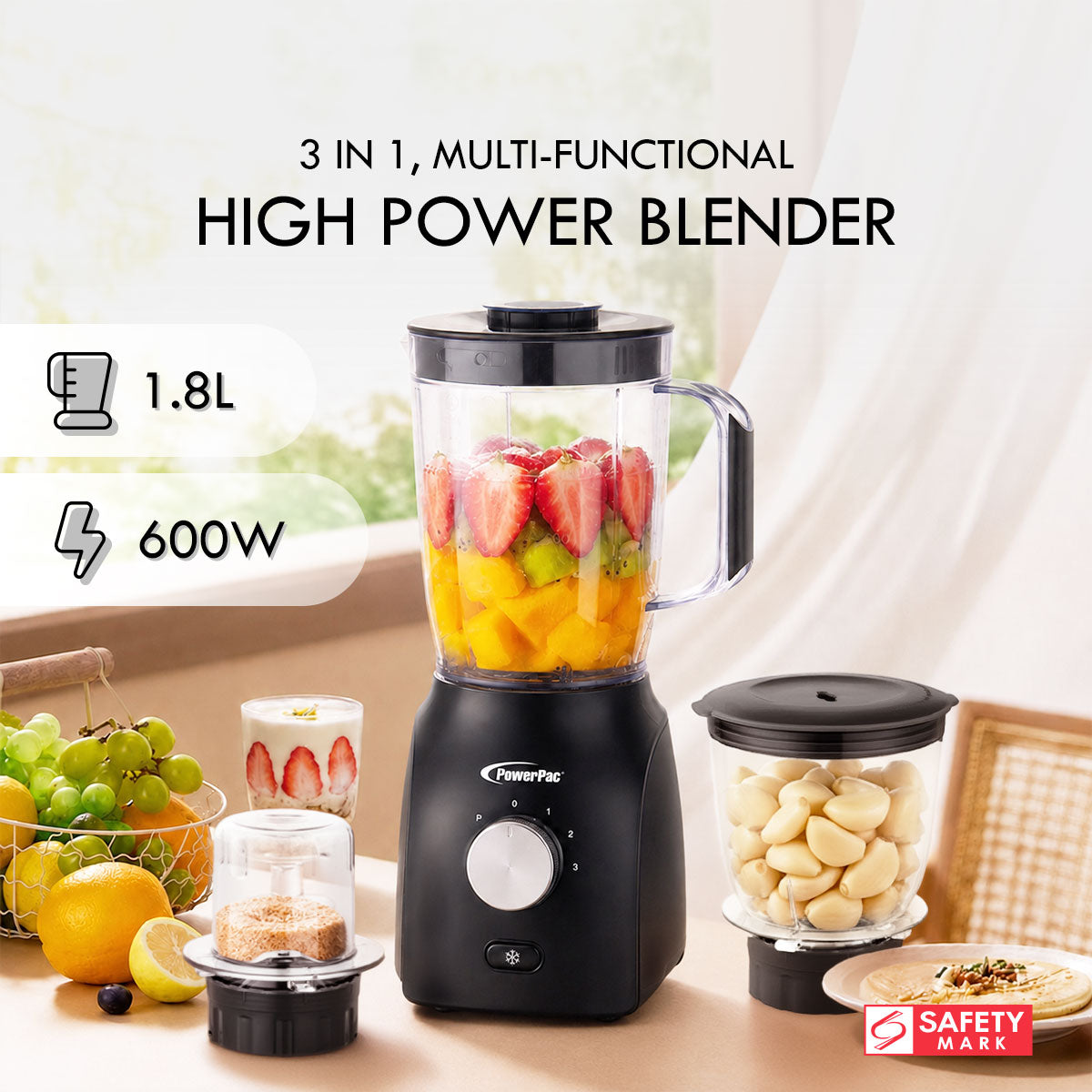 PowerPac High Power Blender, 3 IN 1 Multi-functional Blender with Dry Mill, Mincer Filter (PPBL200A)