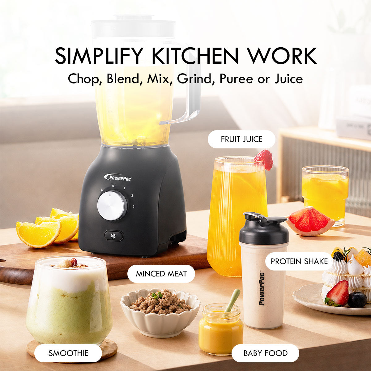 PowerPac High Power Blender, 3 IN 1 Multi-functional Blender with Dry Mill, Mincer Filter (PPBL200A)
