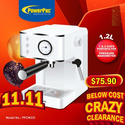 1.2L Coffee Maker High Pressure Water Tank, Coffee Machine Espresso Coffee Machine with Milk Frothing (PPCM331) White