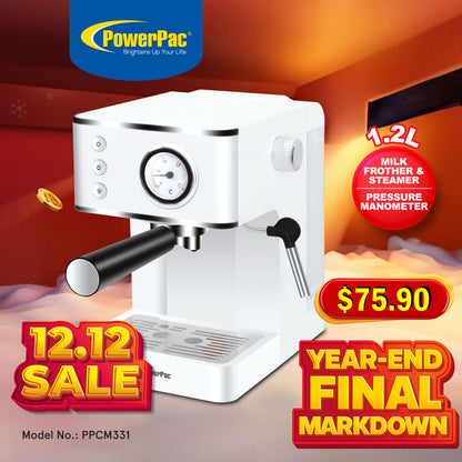 1.2L Coffee Maker High Pressure Water Tank, Coffee Machine Espresso Coffee Machine with Milk Frothing (PPCM331) White