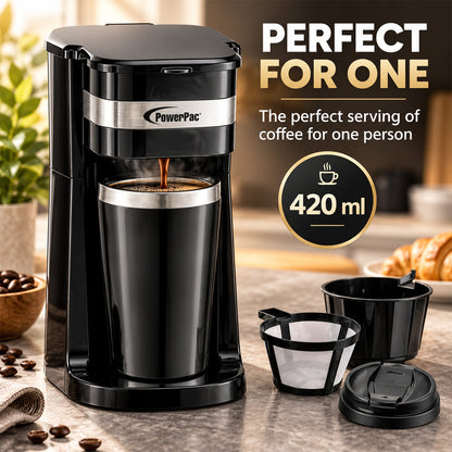 PowerPac Coffee Machine with Mug 420 ml & Aroma Lid Coffee Machine with mesh filter & filter basket (PPCM361)