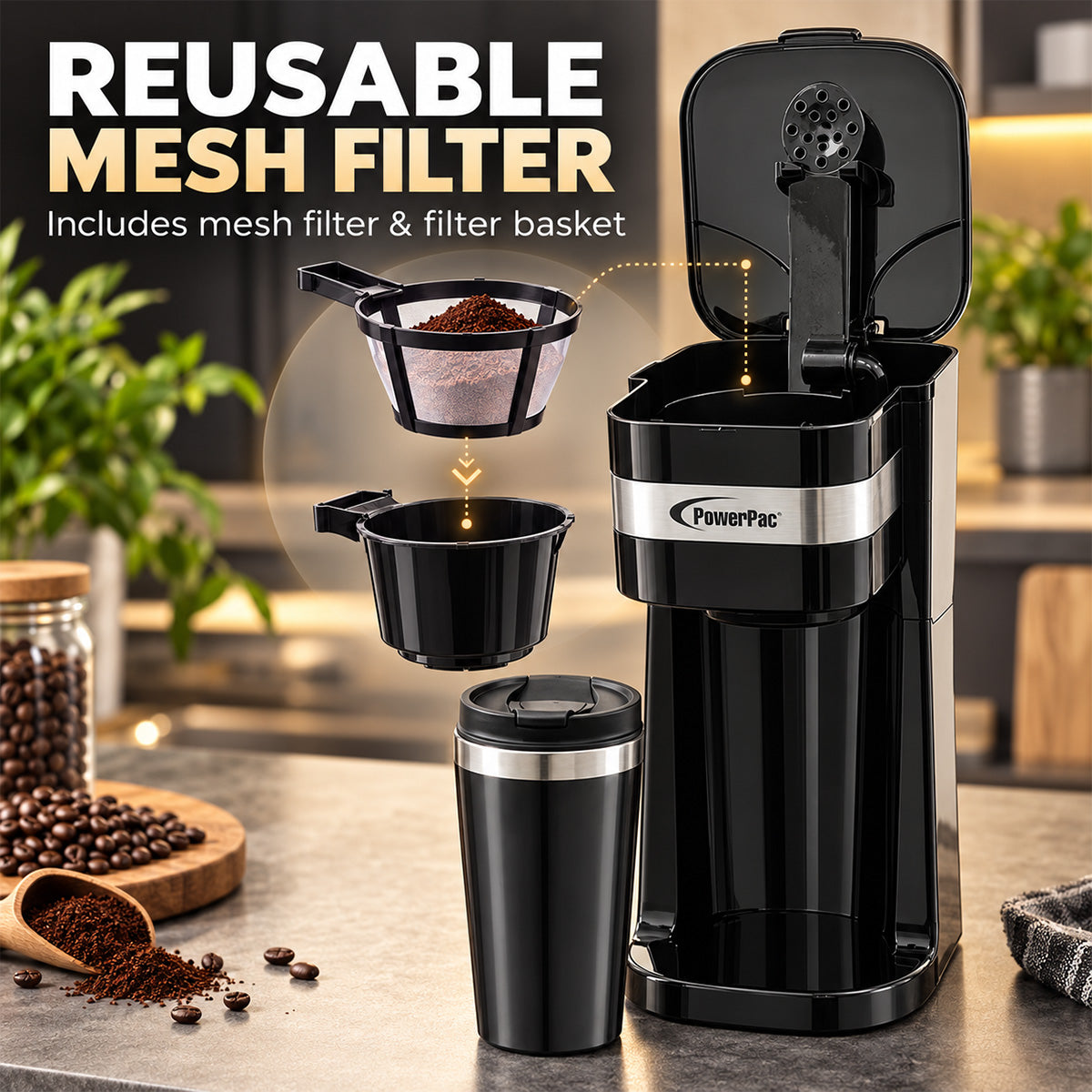 PowerPac Coffee Machine with Mug 420 ml & Aroma Lid Coffee Machine with mesh filter & filter basket (PPCM361)