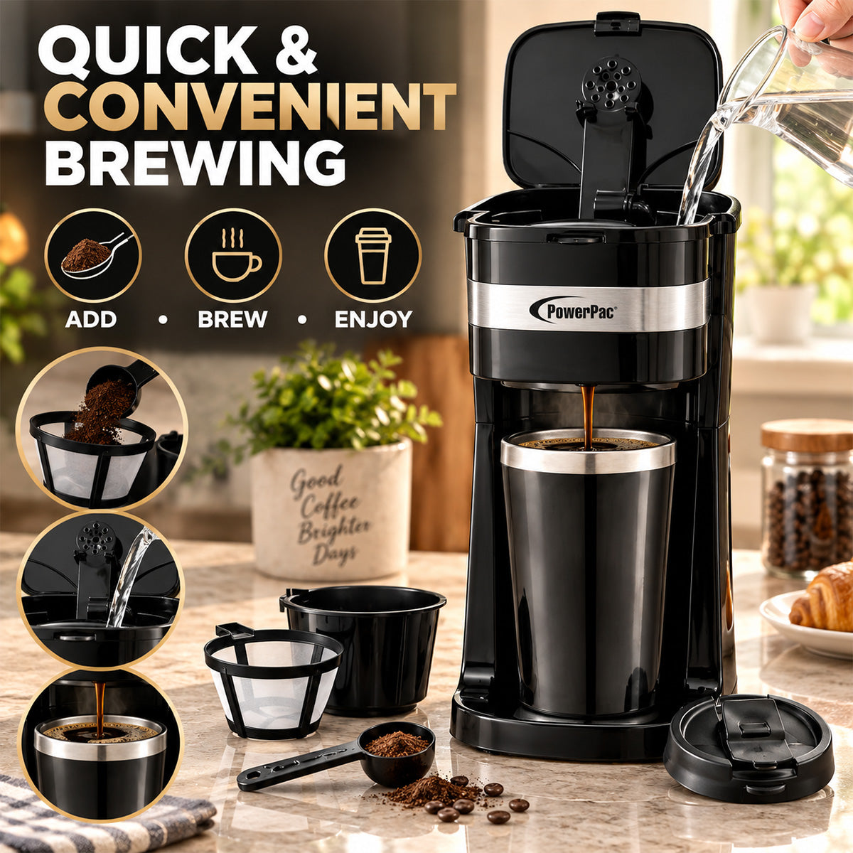 PowerPac Coffee Machine with Mug 420 ml & Aroma Lid Coffee Machine with mesh filter & filter basket (PPCM361)