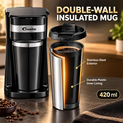 PowerPac Coffee Machine with Mug 420 ml & Aroma Lid Coffee Machine with mesh filter & filter basket (PPCM361)