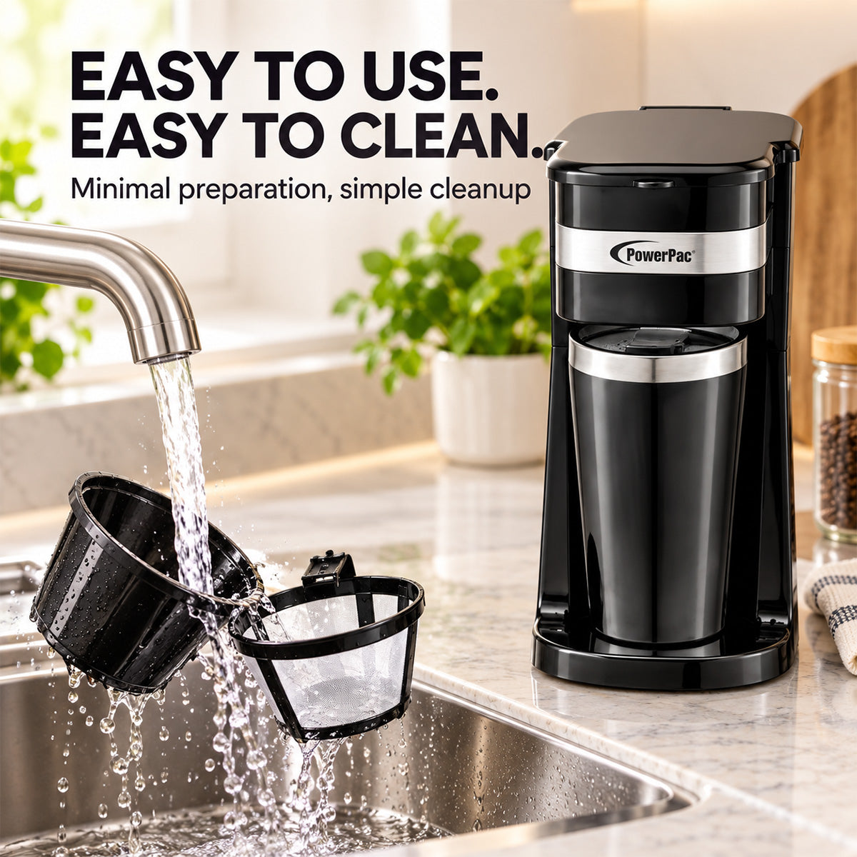 PowerPac Coffee Machine with Mug 420 ml & Aroma Lid Coffee Machine with mesh filter & filter basket (PPCM361)