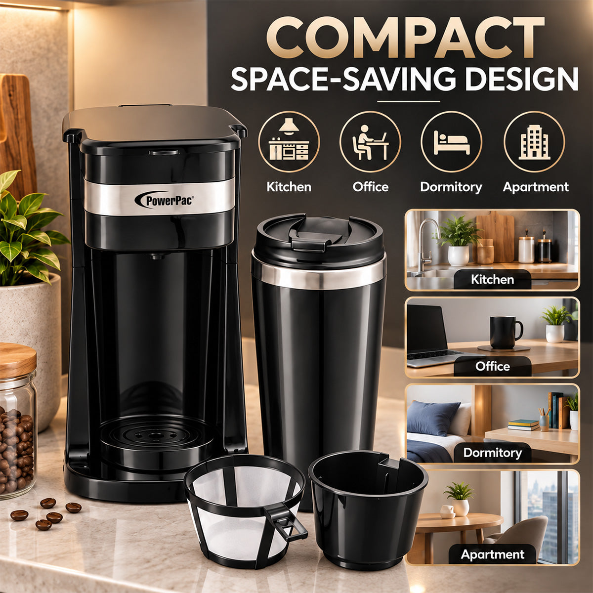 PowerPac Coffee Machine with Mug 420 ml & Aroma Lid Coffee Machine with mesh filter & filter basket (PPCM361)