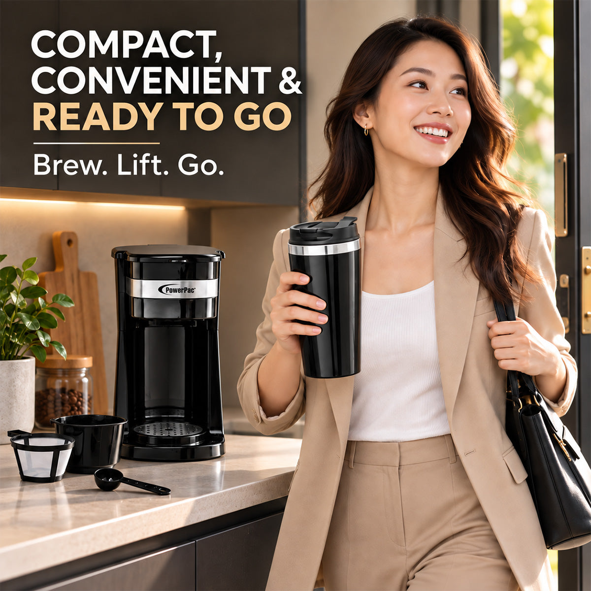 PowerPac Coffee Machine with Mug 420 ml & Aroma Lid Coffee Machine with mesh filter & filter basket (PPCM361)