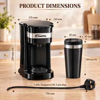 PowerPac Coffee Machine with Mug 420 ml & Aroma Lid Coffee Machine with mesh filter & filter basket (PPCM361)