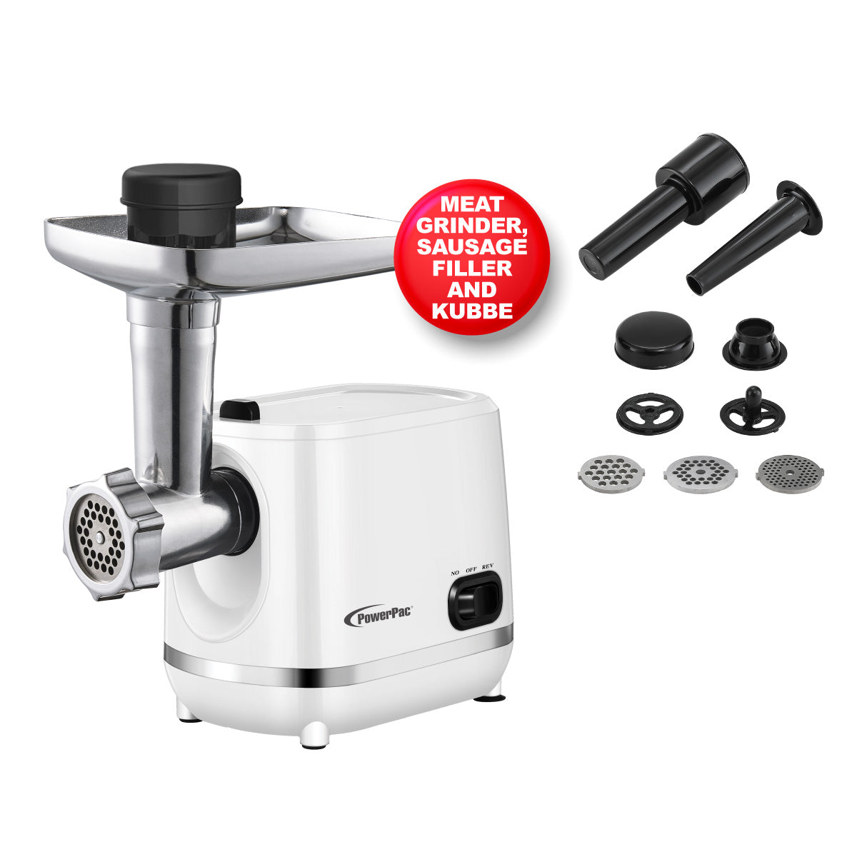 Meat Grinder 3 IN 1 Multi Mincer | 3 Stainless Steel Grinding Plates, Kubbe &amp; Sausage Filling Tubes (PPCP3307)