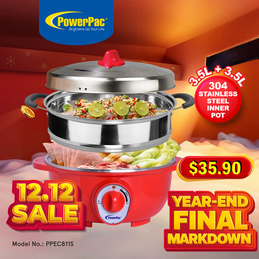 3.5L Electric Wok & Steamboat with 304 S/Steel Inner Pot (PPEC811+Steamer)