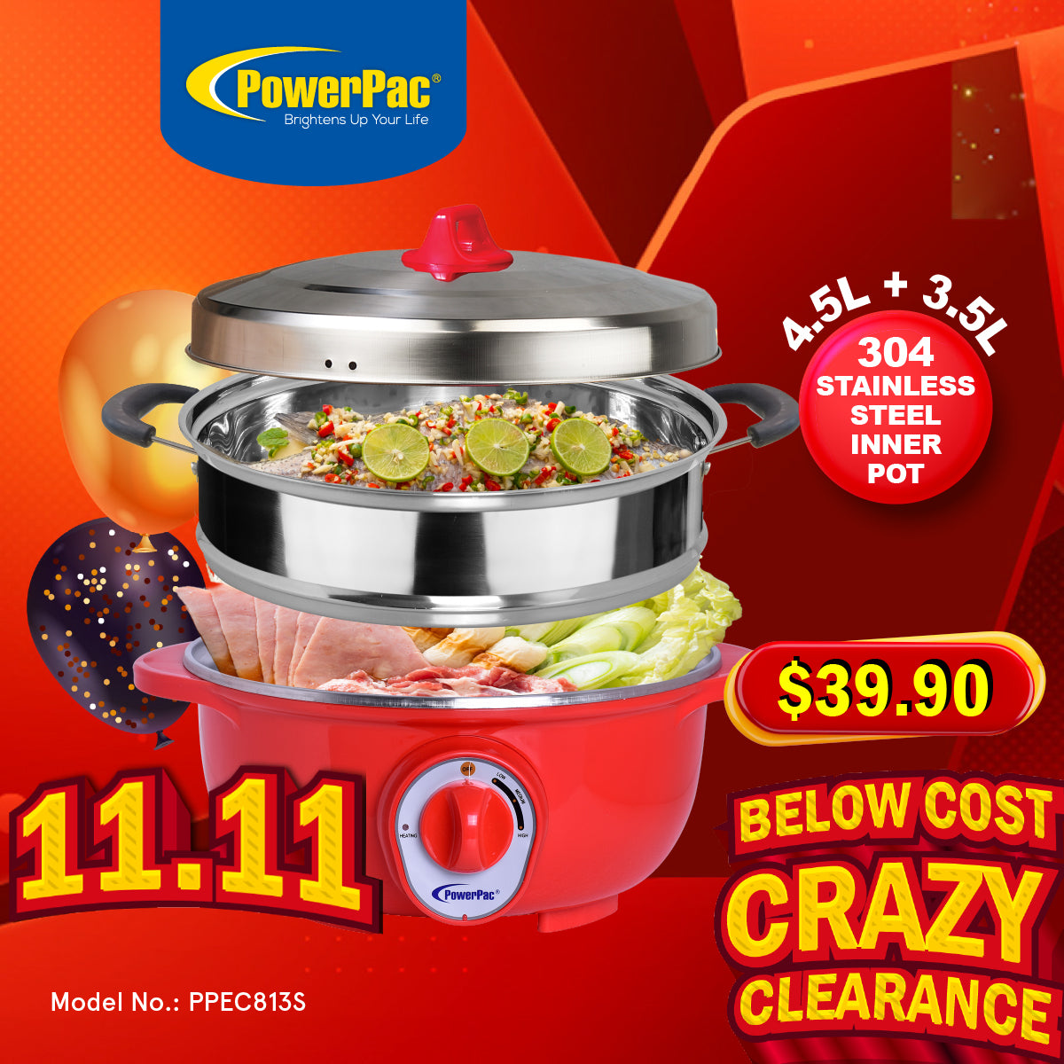 4.5L Electric Wok & Steamboat with 304 S/Steel Inner Pot (PPEC813+Steamer)