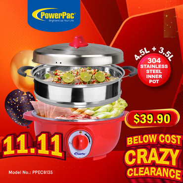4.5L Electric Wok & Steamboat with 304 S/Steel Inner Pot (PPEC813+Steamer)