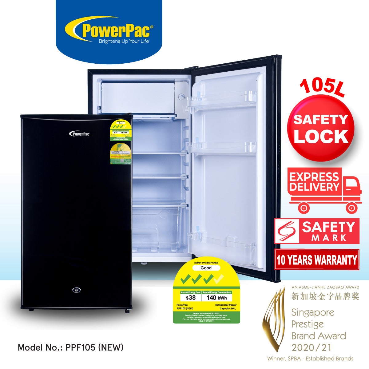 Bar Fridge 105L with Lock (PPF105 Black)