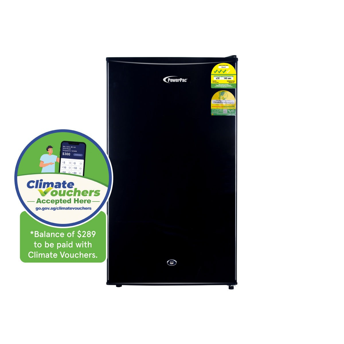 [CLIMATE VOUCHER $400] 105L Bar Fridge with Lock, sizable, shelves, crisper, anti-bac Carbon Filter, optimal door seal, built-in Freezer, black, PPF105BK