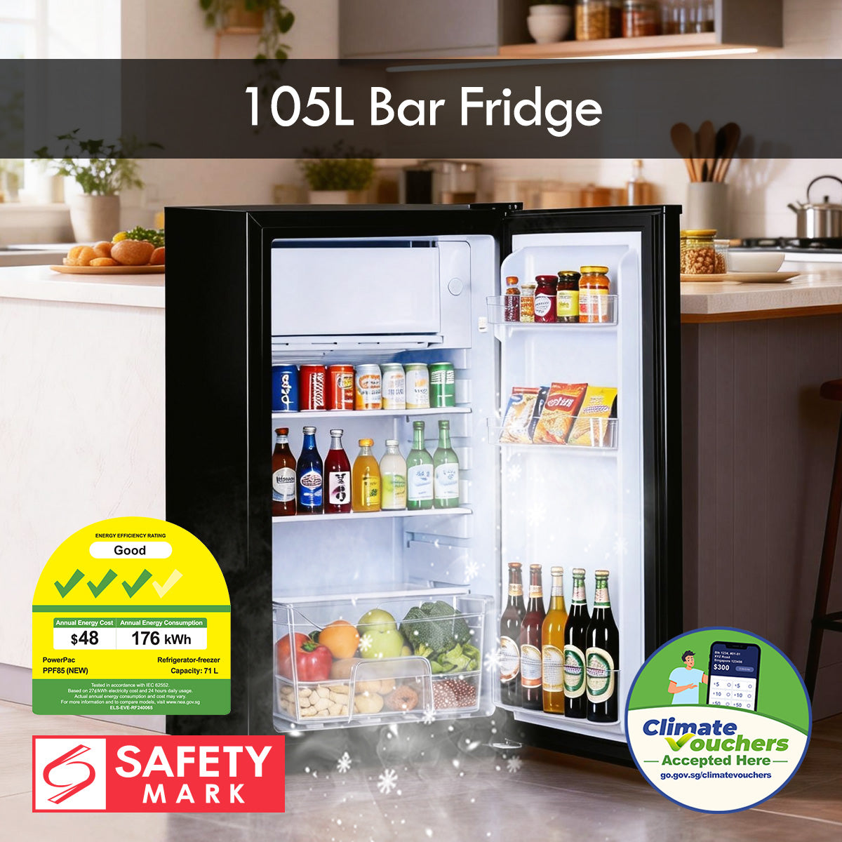 [CLIMATE VOUCHER $400] 105L Bar Fridge with Lock, black, PPF105BK