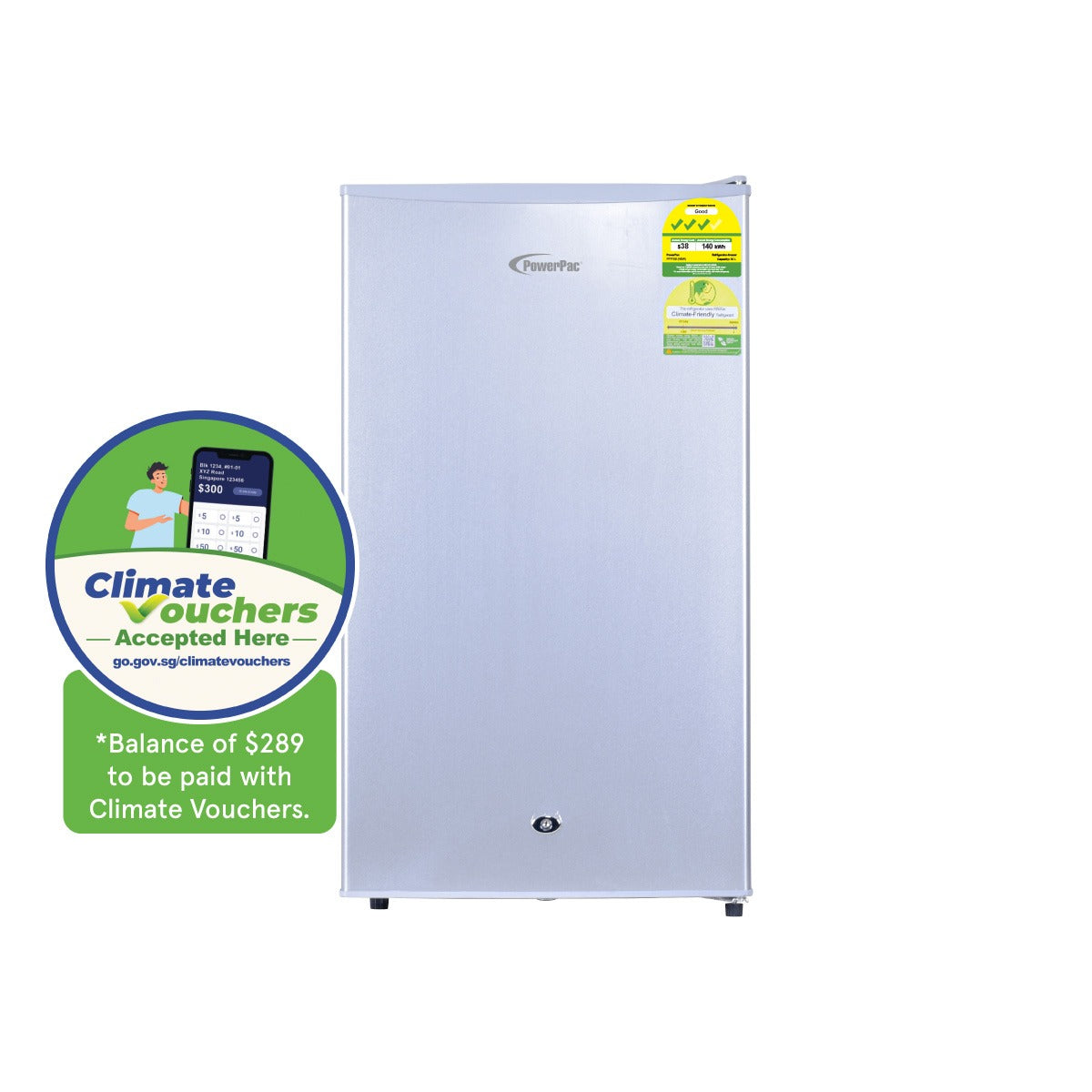 [CLIMATE VOUCHER $400] 105L Bar Fridge with Lock, sizable, shelves, crisper, anti-bac Carbon Filter, optimal door seal, built-in Freezer, silver, PPF105WH