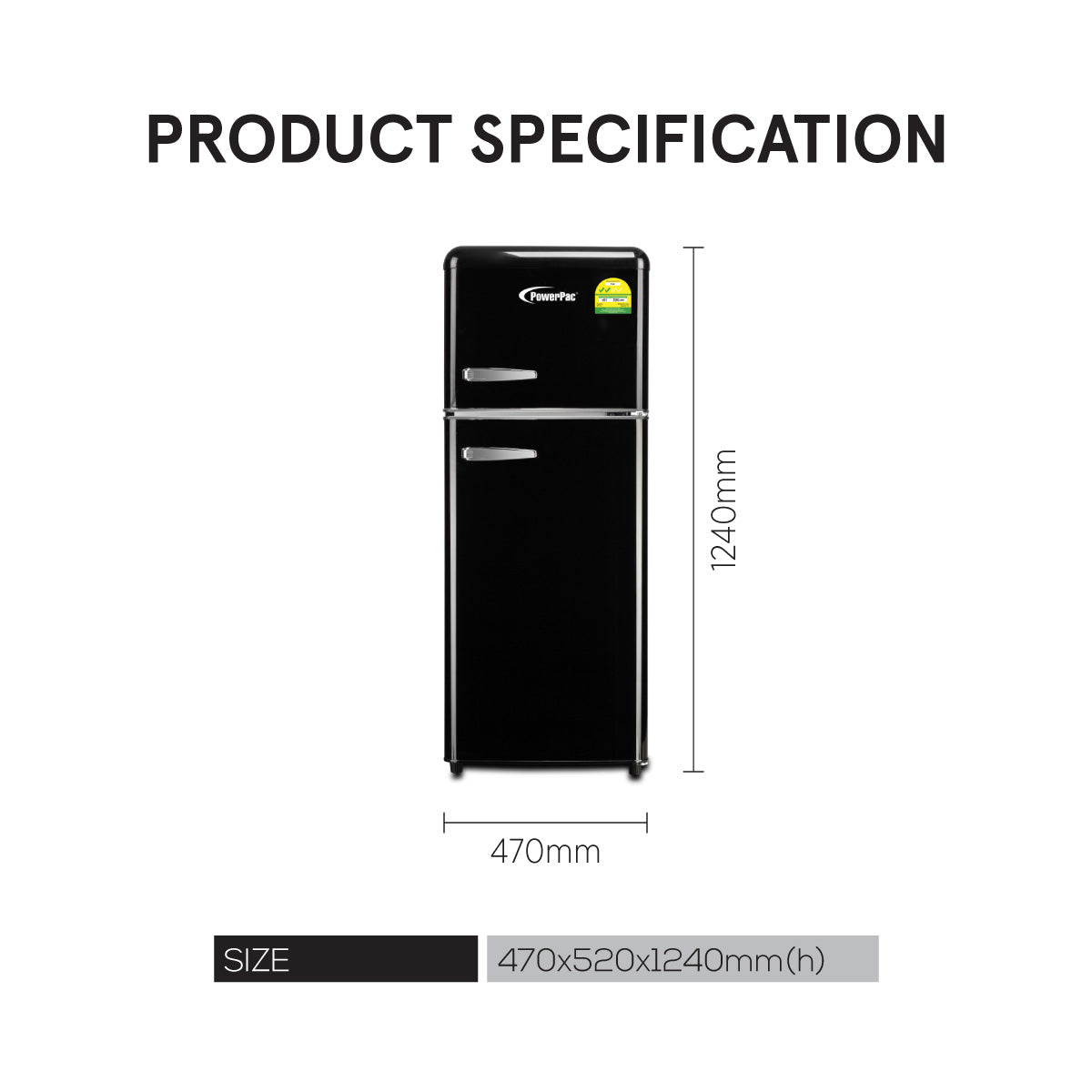 2-Door Fridge 114L Retro Fridge, Mini Fridge (PPF118) Black