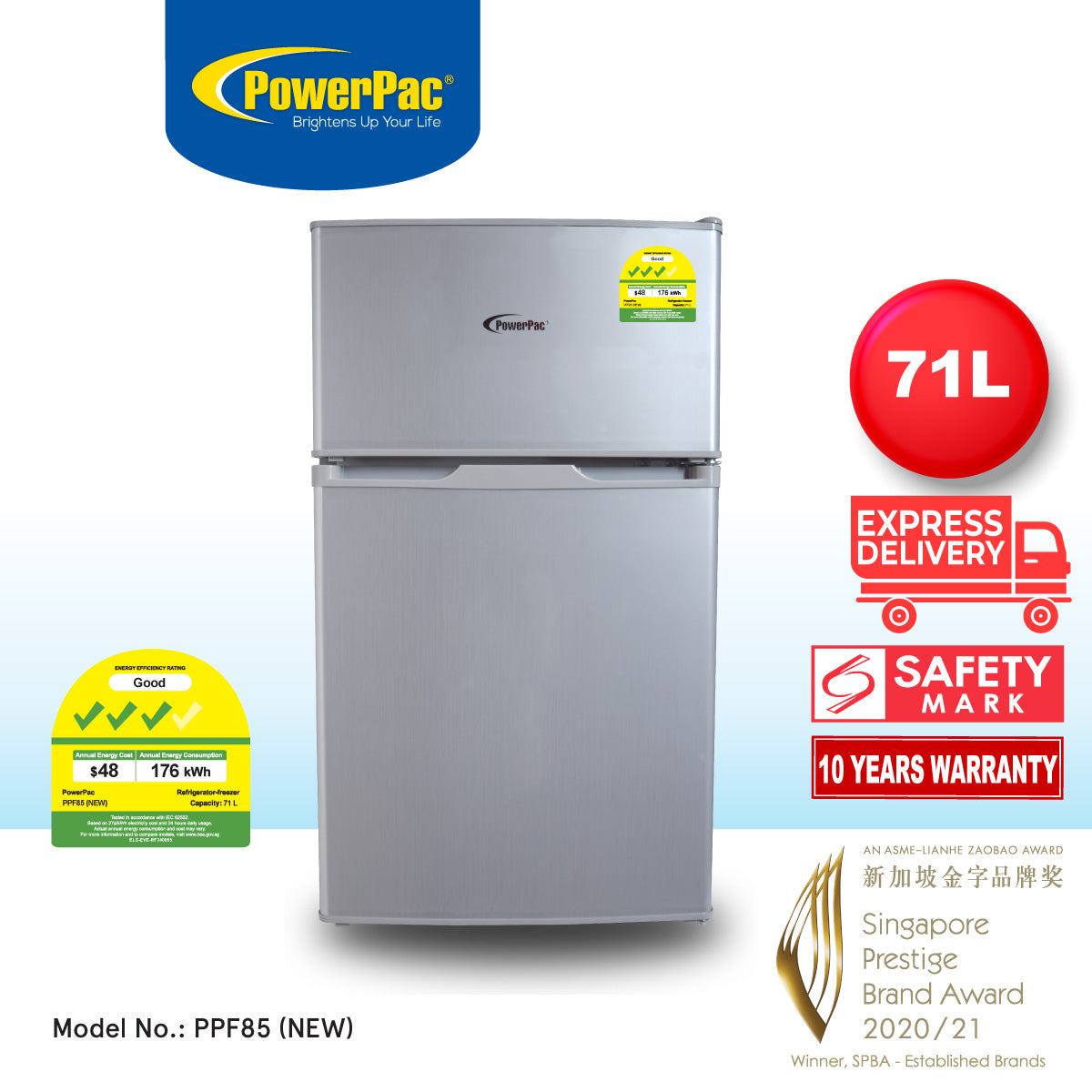 71L 2 Door Mini Bar Fridge with Freezer (PPF85)