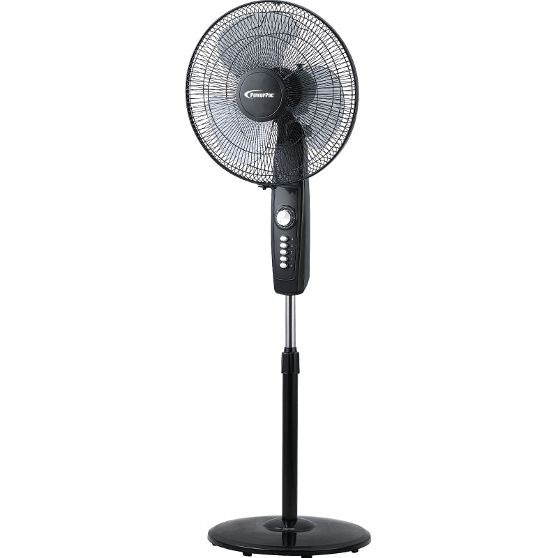 PowerPac 16" Stand Fan – Strong Airflow, Adjustable Tilt & Height, Oscillation, Timer, Durable, Energy-efficient, 4-Speed, black, PPFS30