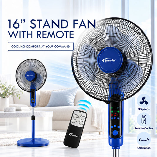 PowerPac 16" Stand Fan – Remote Control, Adjustable Tilt & Height, Oscillation, Timer, Durable, Energy-efficient, 3-Speed, purple & black, PPFS300R