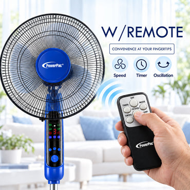 PowerPac 16" Stand Fan – Remote Control, Adjustable Tilt & Height, Oscillation, Timer, Durable, Energy-efficient, 3-Speed, purple & black, PPFS300R