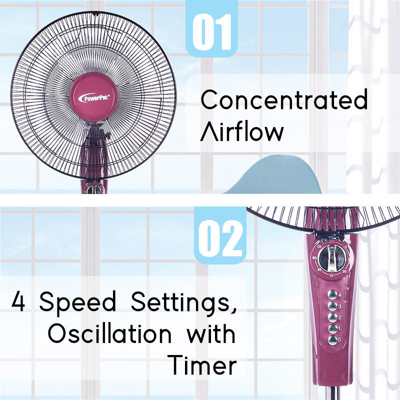 16" Stand Fan with Timer – 4 Speeds, Oscillation, Adjustable Height, PPFS50