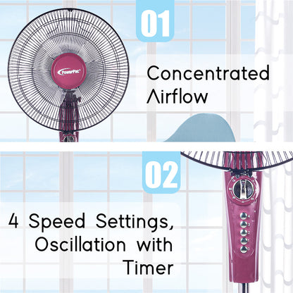 16" Stand Fan with Timer – 4 Speeds, Oscillation, Adjustable Height, PPFS50